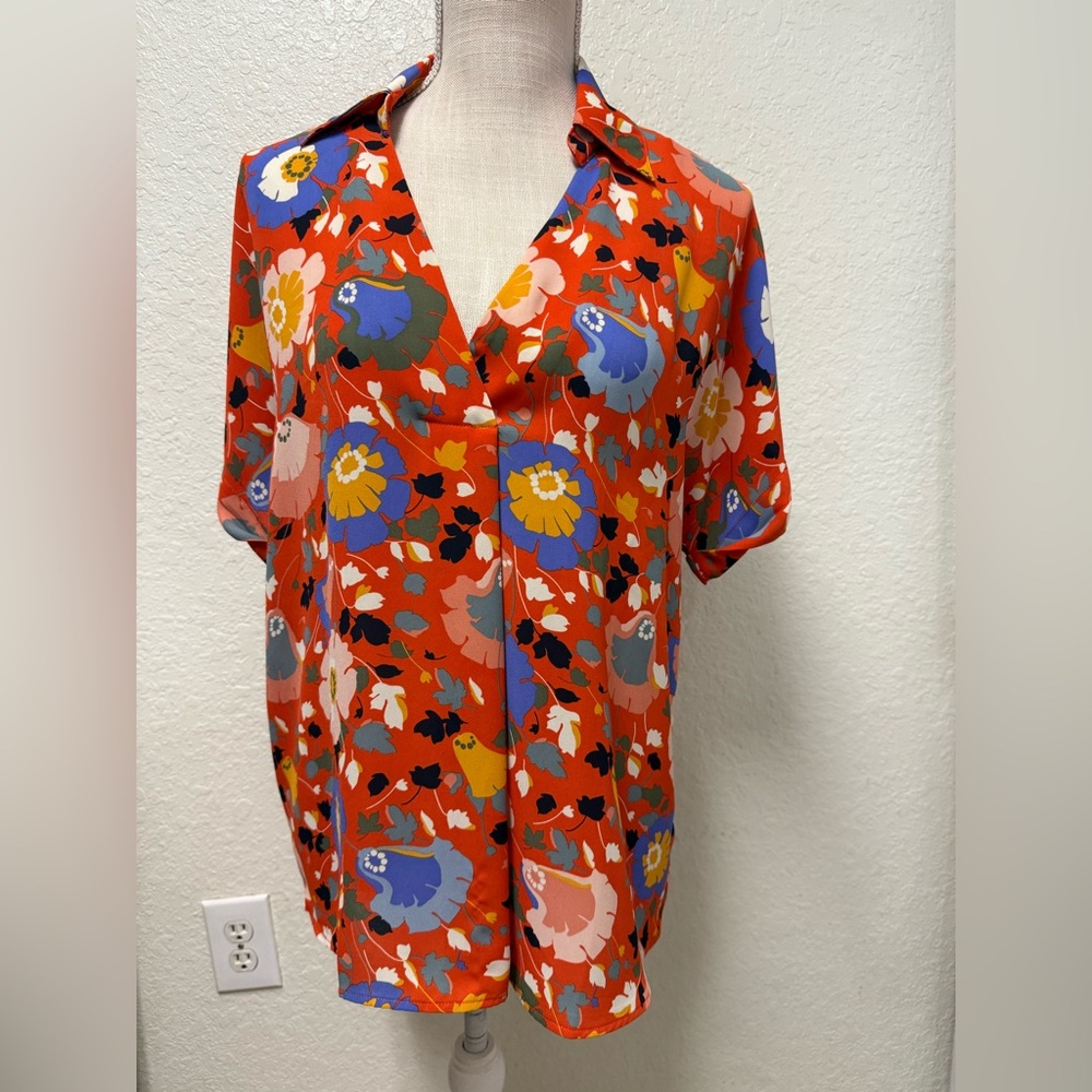 CABI Orange Floral Print Blouse Size Small
